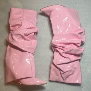 Pink patent ruffle wedge boots. New. Size 10.